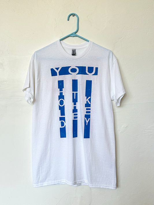 You Hold The Key / Open Your Heart / Madonna t-shirt (blue & green) by Marc Hundley